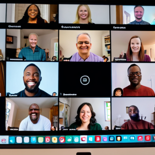 **Virtual Church Service**: Create an image of a diverse group of people attending a virtual church service from their homes. The scene should depict individuals engaging with their devices, with a live-streamed pastor visible on the screen, and a chat feature showing messages of encouragement and prayer requests.