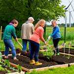 A diverse group of people working together in a community garden, planting vegetables and tending to the soil. The garden is lush and vibrant, showcasing the concept of stewardship and sustainable living within a Dutch context. In the background, wind turbines can be seen, symbolizing renewable energy sources. This reflects responsible care for the Earth and collaborative effort for the well-being of all.