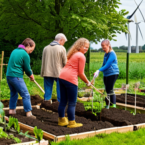 A diverse group of people working together in a community garden, planting vegetables and tending to the soil. The garden is lush and vibrant, showcasing the concept of stewardship and sustainable living within a Dutch context. In the background, wind turbines can be seen, symbolizing renewable energy sources. This reflects responsible care for the Earth and collaborative effort for the well-being of all.