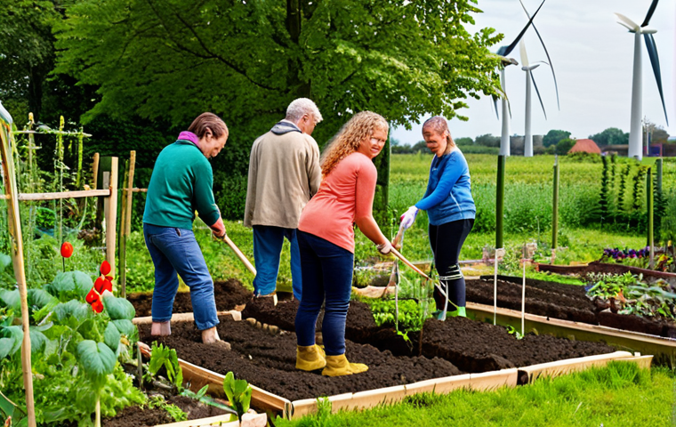 A diverse group of people working together in a community garden, planting vegetables and tending to the soil. The garden is lush and vibrant, showcasing the concept of stewardship and sustainable living within a Dutch context. In the background, wind turbines can be seen, symbolizing renewable energy sources. This reflects responsible care for the Earth and collaborative effort for the well-being of all.